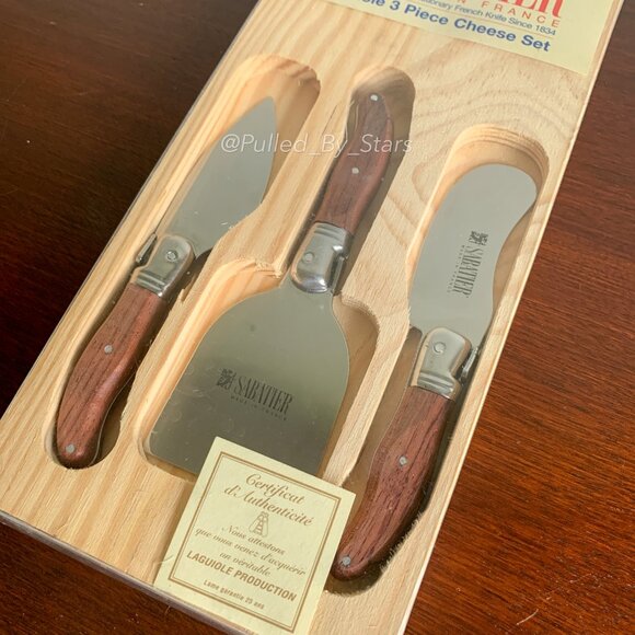 New Vintage Deadstock SABATIER Laguiole 3 Piece Rosewood Cheese Set in Wood Tray - Picture 15 of 16